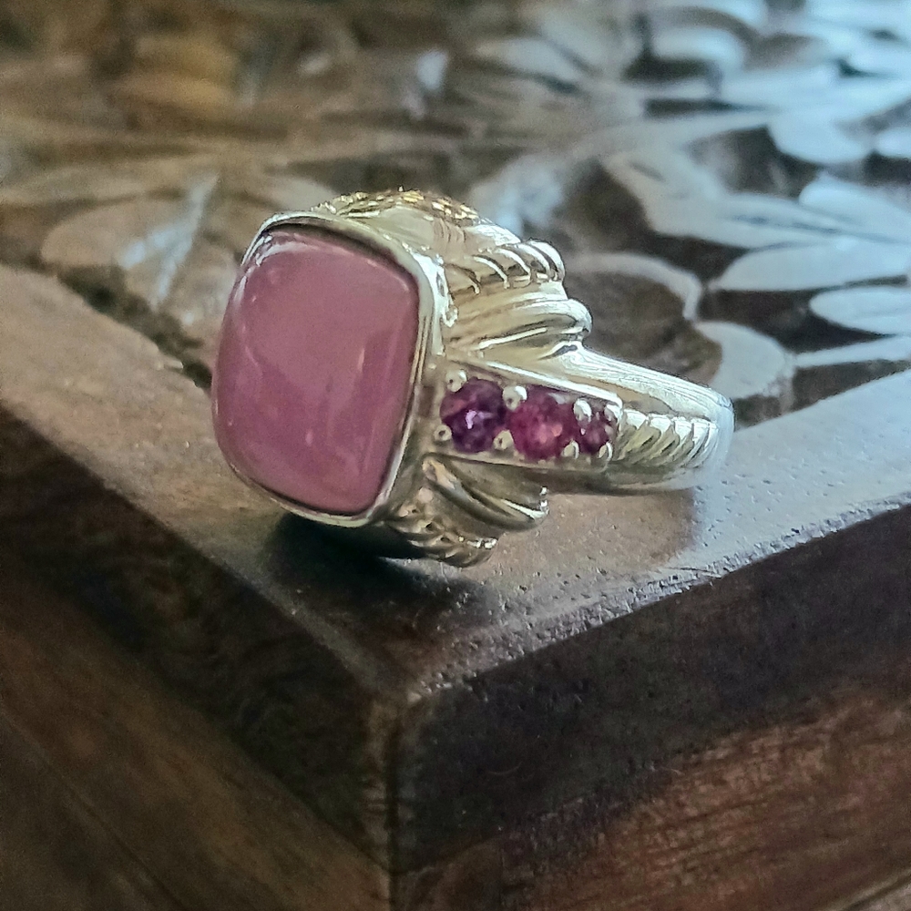 Pink Jade & Rhodonite Sterling Silver Ring, Size 8, Judith Ripka,*FIRM on PRICE*
